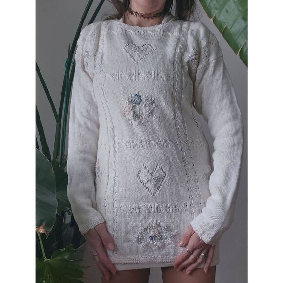 Vintage Cottagecore Sweater Dress Mini Hearts Flowers Embroidered 80s 90s Spring - Picture 5 of 8
